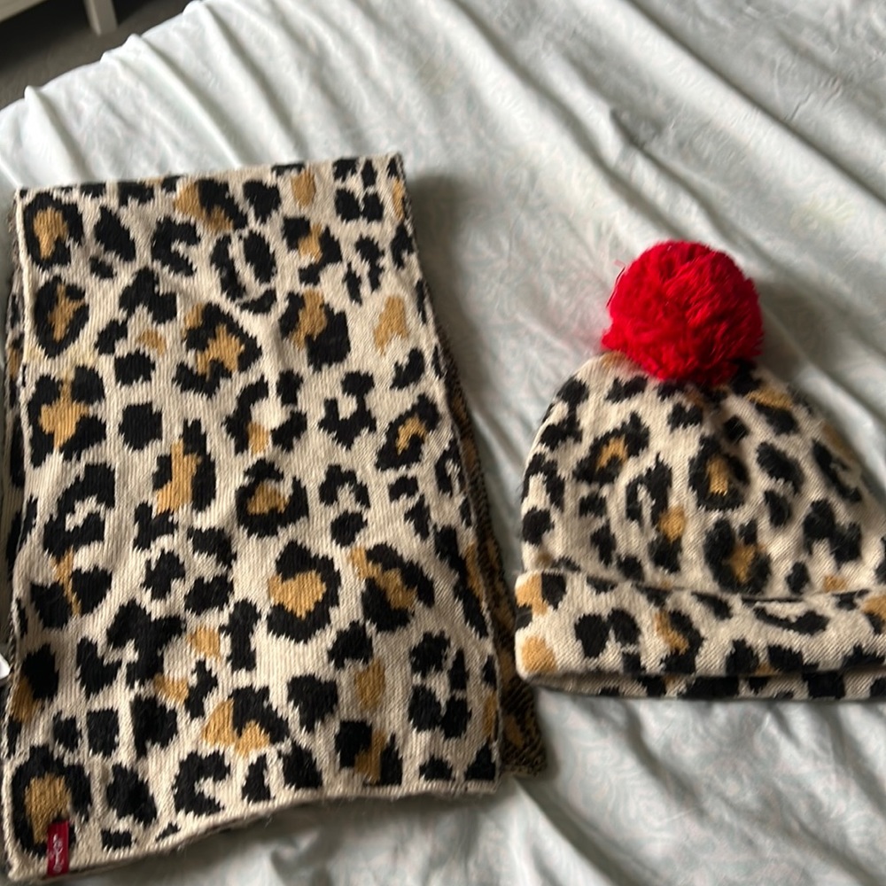 Leopard print hat and scarf